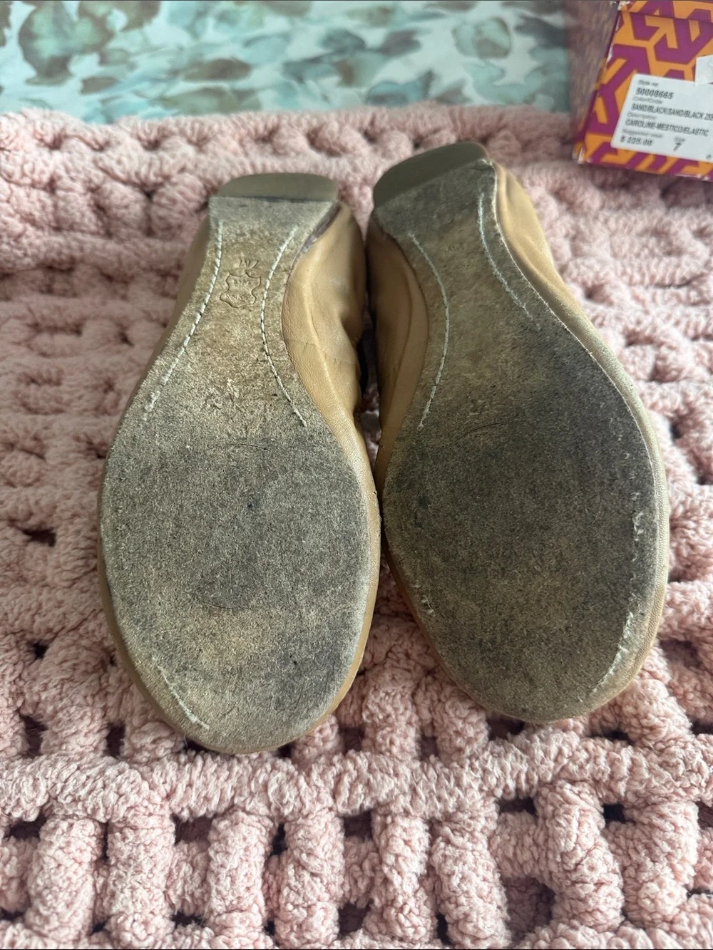 Tory Burch Gold Leather Logo Ballet Flats with Black Trim